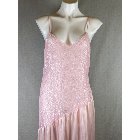 VTG Undercover Wear Nightgown Slip Maxi Dress Womens L Pink Flowy Lace Sheer USA - Picture 2 of 12